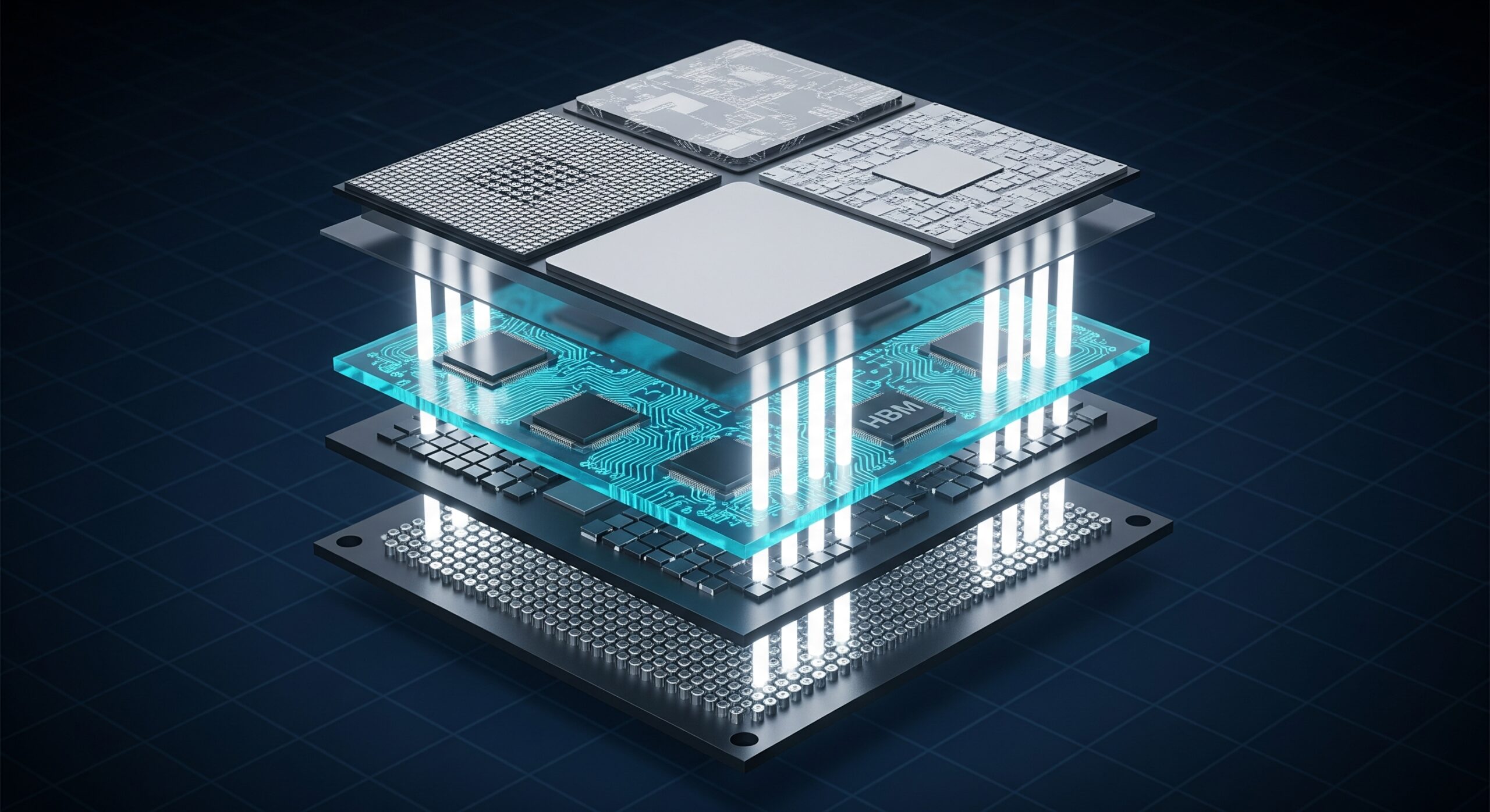 A computer chip using 2.5D Advanced Packaging technology with chiplets, interposer, TSV, RDL and PCB.